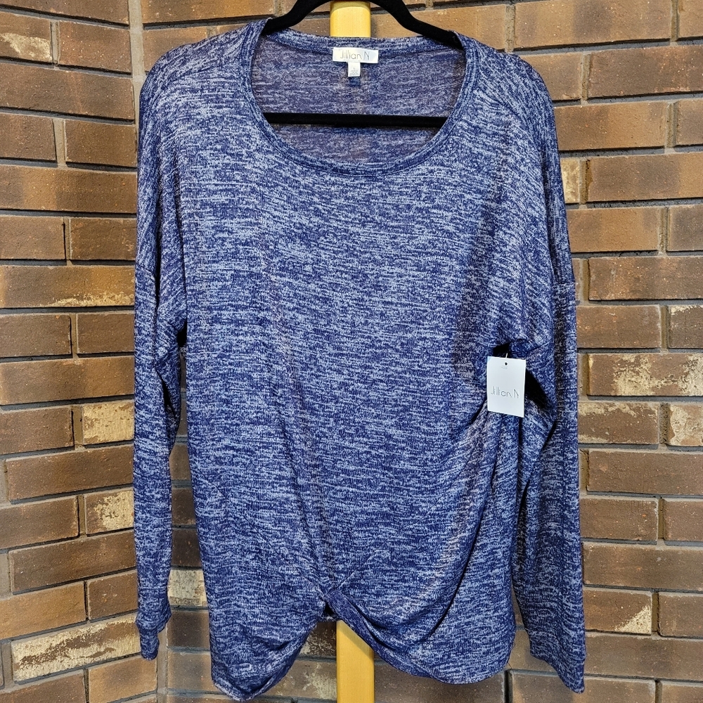 Jillian N hachi twist hem scoop neck static blue long sleeve drop shoulder